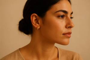 Pendientes pequeños que estilizan el rostro sin recargarlo